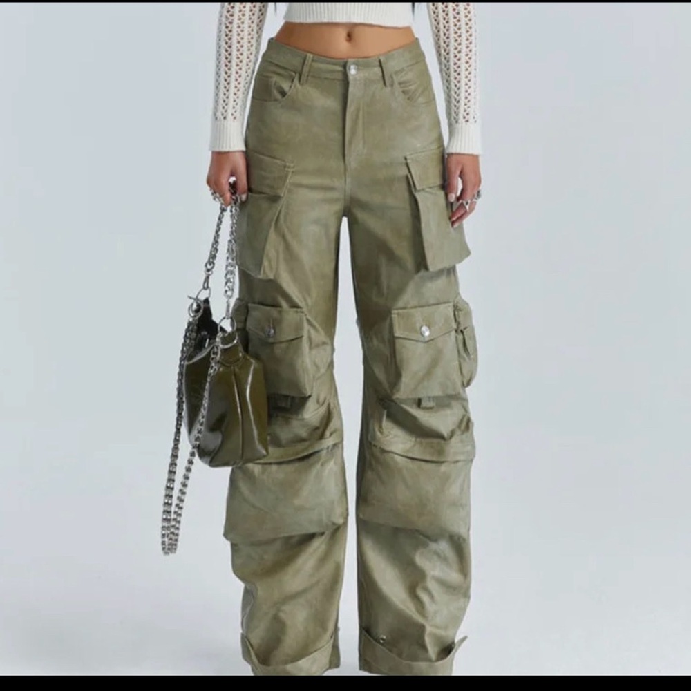 Faux leather olive cargo pants